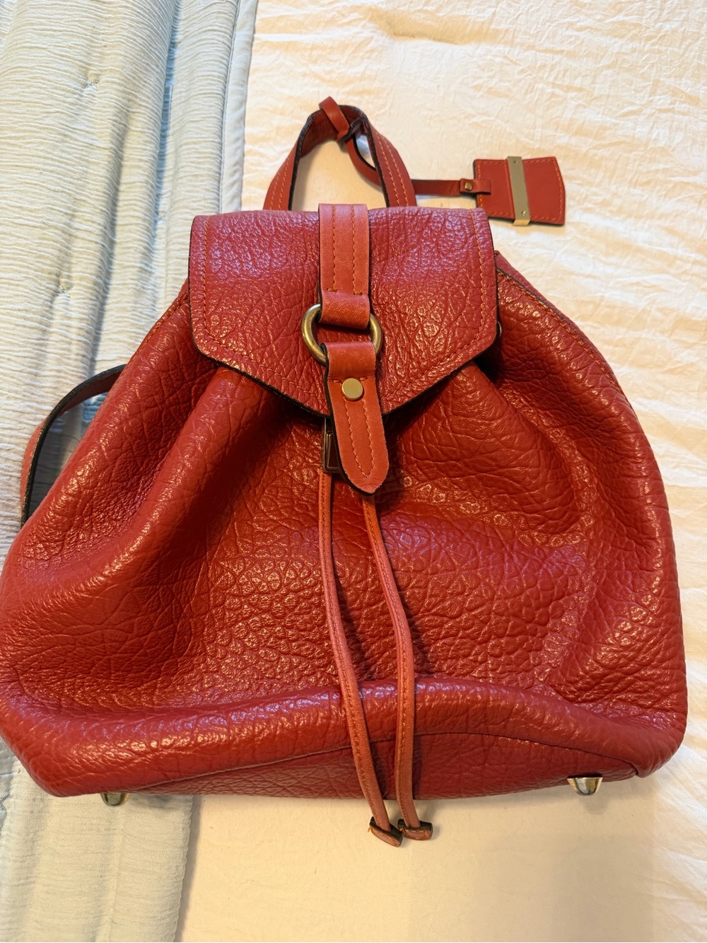 A. Bellucci Italy Genuine Leather Backpack Red Pebbled Leather Drawstring Purse